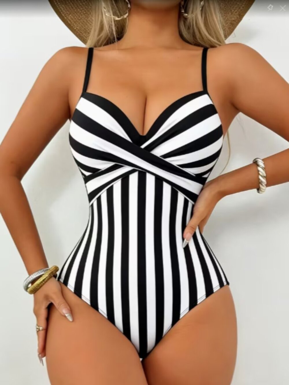 Women's Black White Striped One Piece Swimsuit Surplice Tummy Control Swimwear
